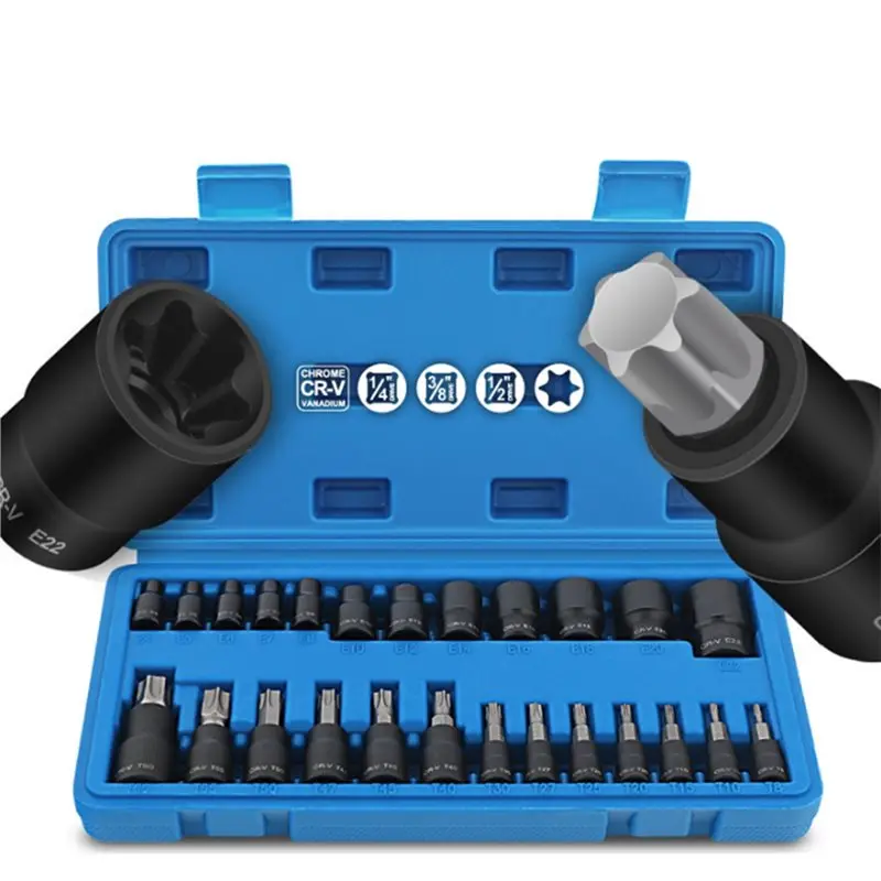 ABMR-Professional Grade-Torx Bit And Socket Set- 25 Pieces Including 13 Star-Bits(T8- T60) And 12 E-Torx Sockets(E4- E22) Tool