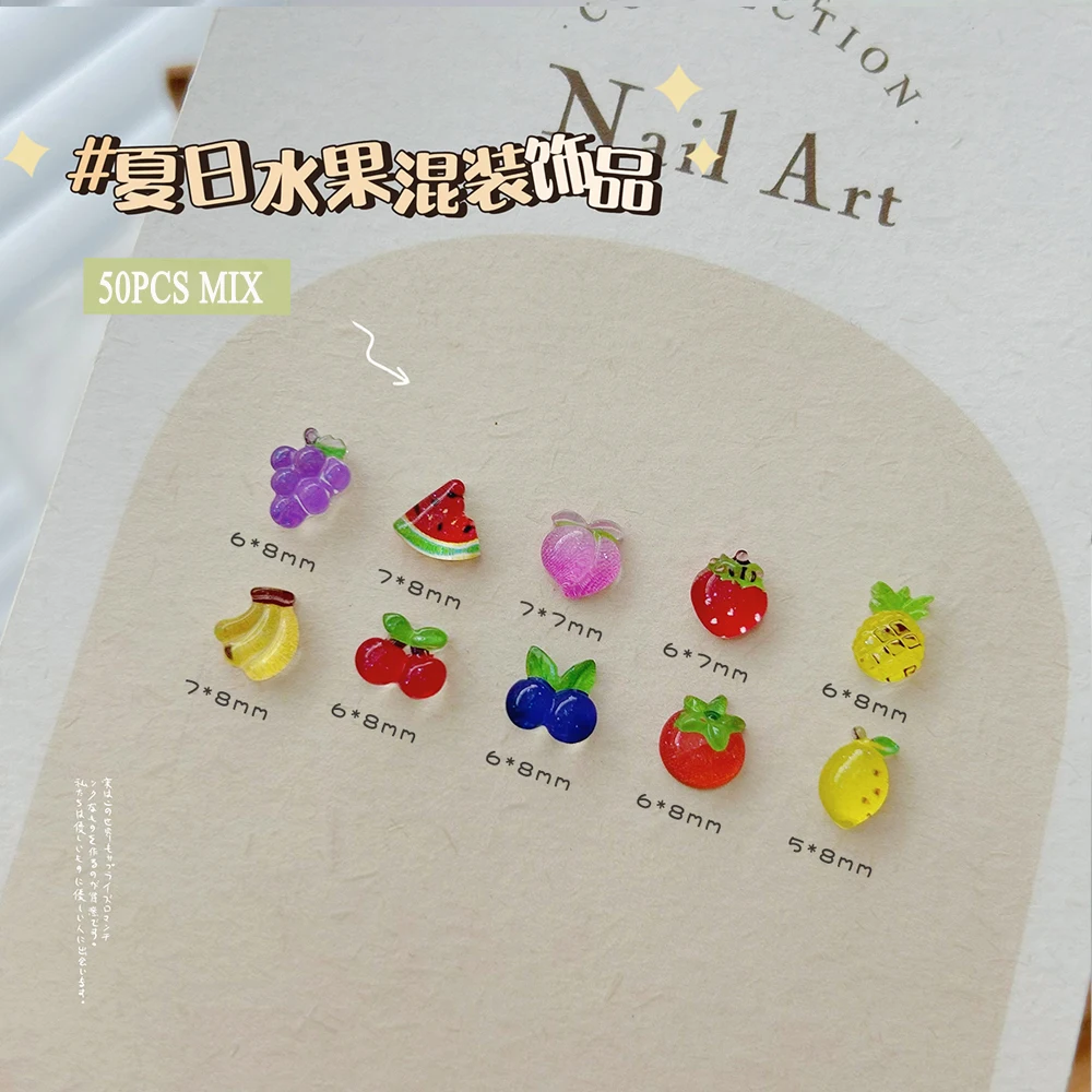 50pcs 3D Mixed Fruit Series Nail Art Charms Kawaii Cherry Strawberry Honey Peach Watermelon Nail Decor Resin Nail Accessories