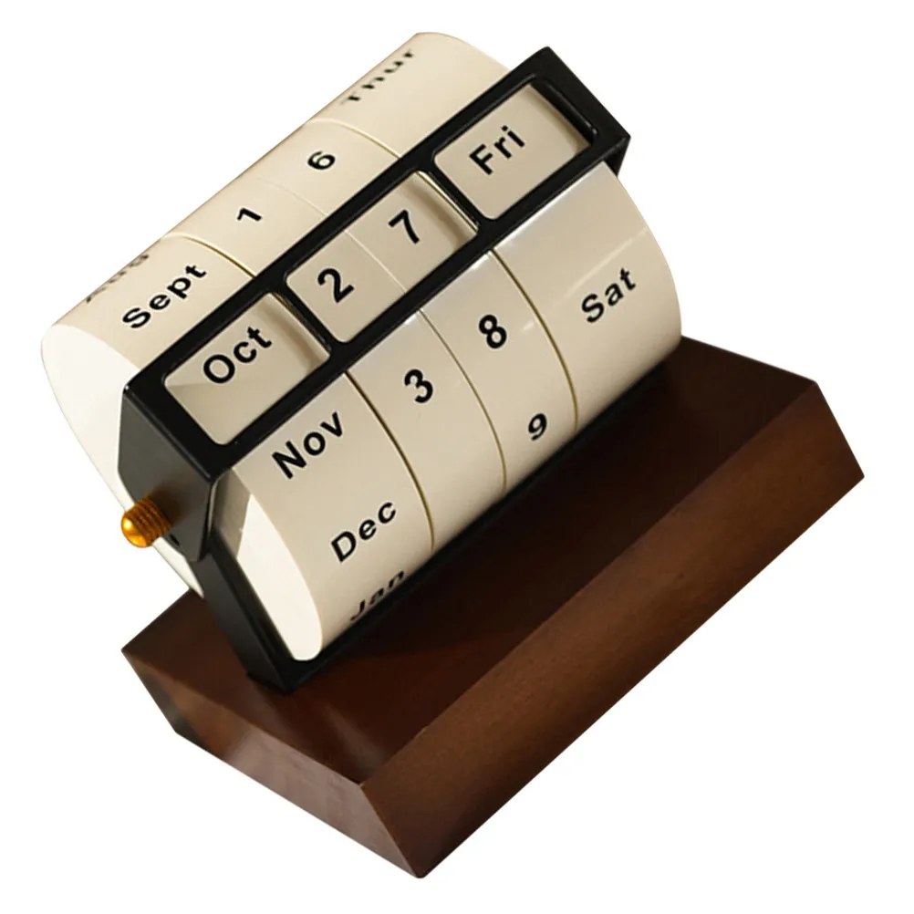 

Rotary Perpetual Calendar Wooden Design Elegant Desk Accessory Manual Adjust Date Month Home Office Decor Daily Desk Calendar