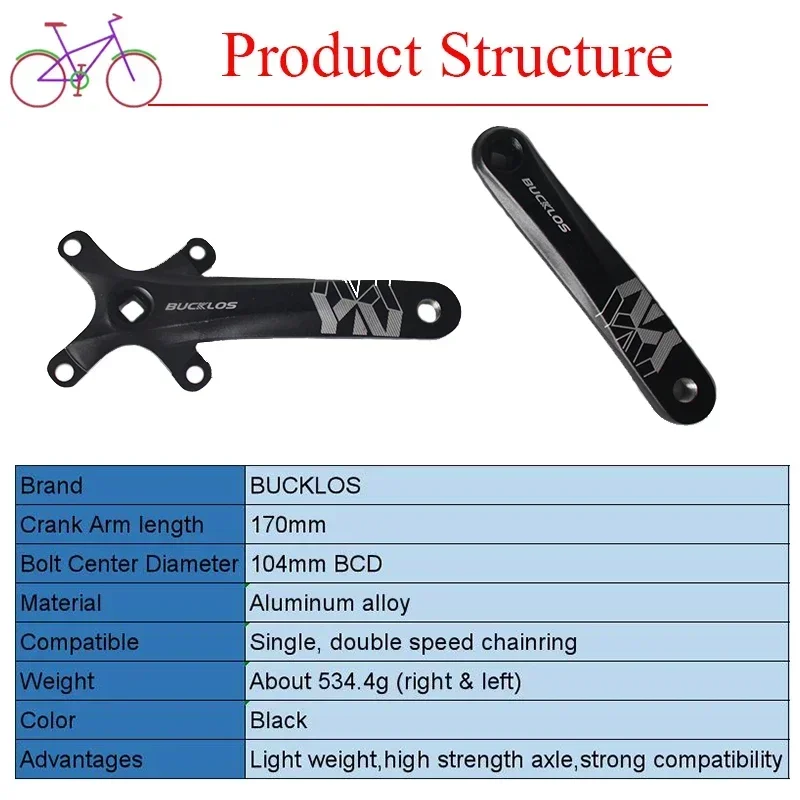 BUCKLOS Manovelle MTB 104mm BCD Alluminio MTB Manovella bici per corona singola Durevole Foro quadrato Guarnitura Accessori ciclismo