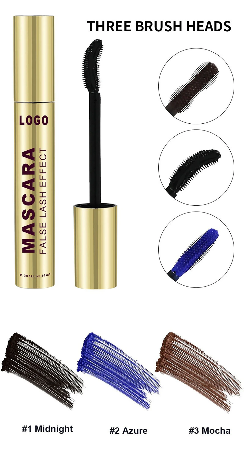 6ml Private Label Mascara Custom Logo 3-colors Waterproof Smudge-Proof Volumizing Lengthening Setting Colored Fast-dry Makeup