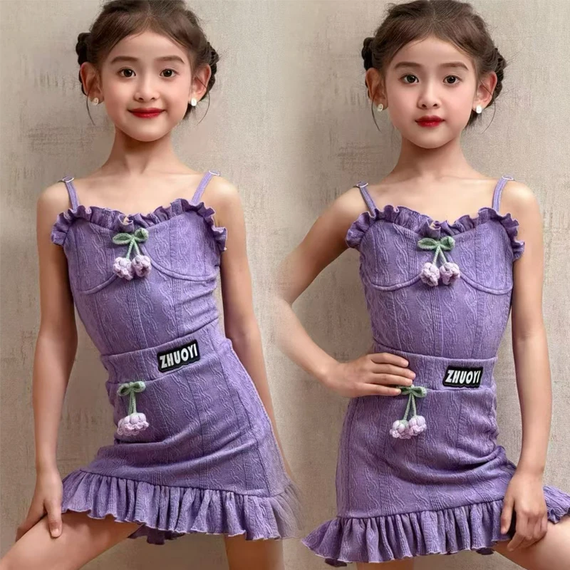 

Summer Girls Purple Chacha Latin Dance Dresses Chlidren'S Latin Dance Performance Costumes Stagr Training Clothes SL12162