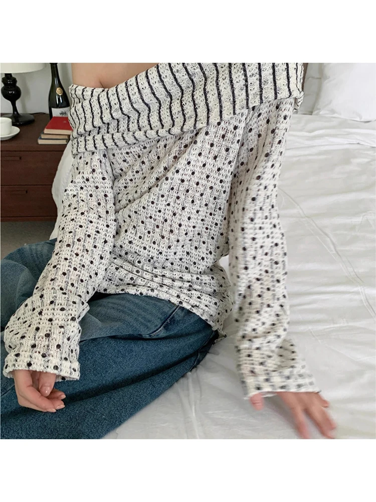 

Осень-зима 2024, женский корейский полосатый свитер с длинными рукавами, пуловеры в горошек, трикотажные изделия с вырезом, трикотажные изделия 2000-х годов, прилив