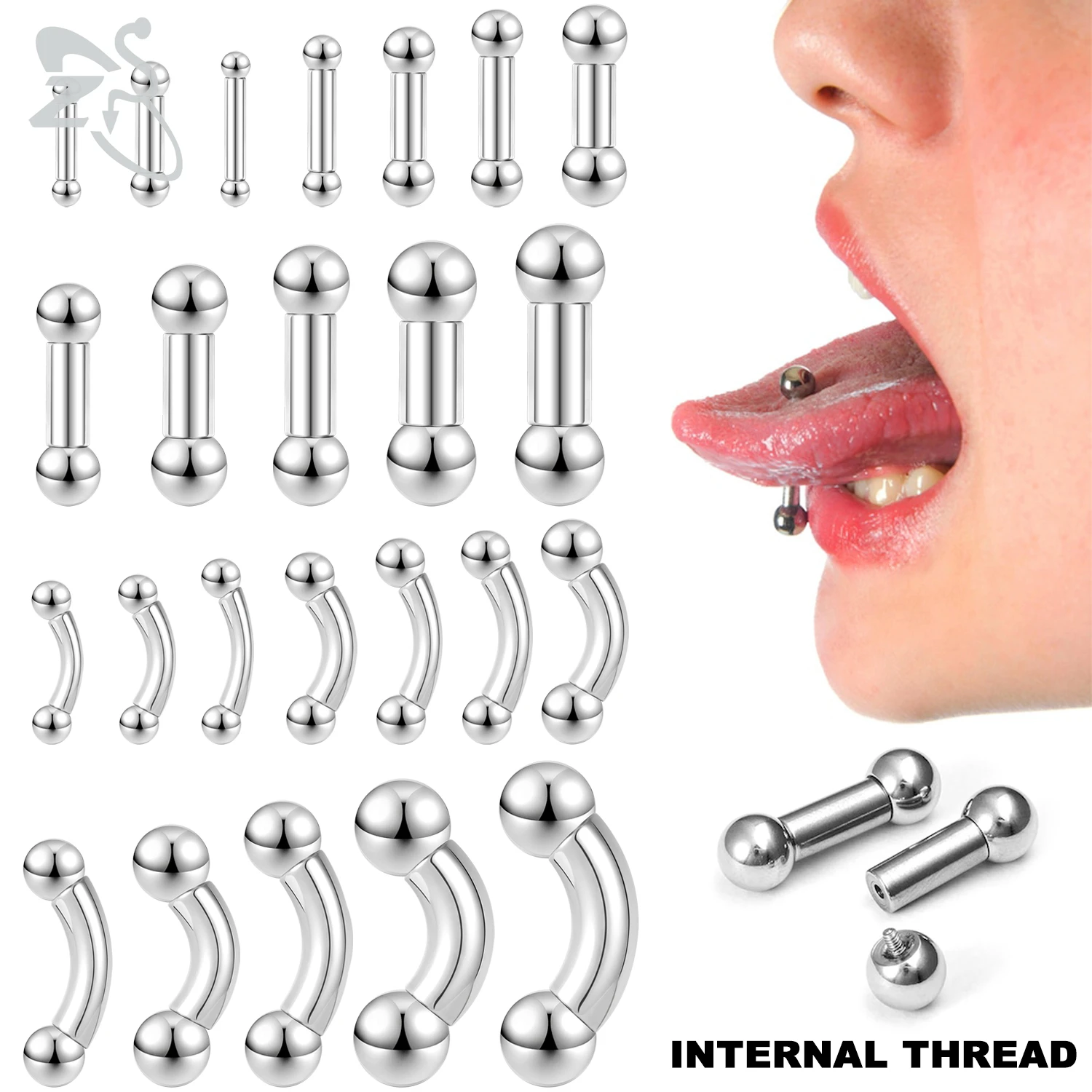 ZS 1 Piece 00-12G 316L Stainelss Steel Tongue Piercing Men Women Curved Large Gauge Eyebrow Labret Stud Body Piercings Jewelry