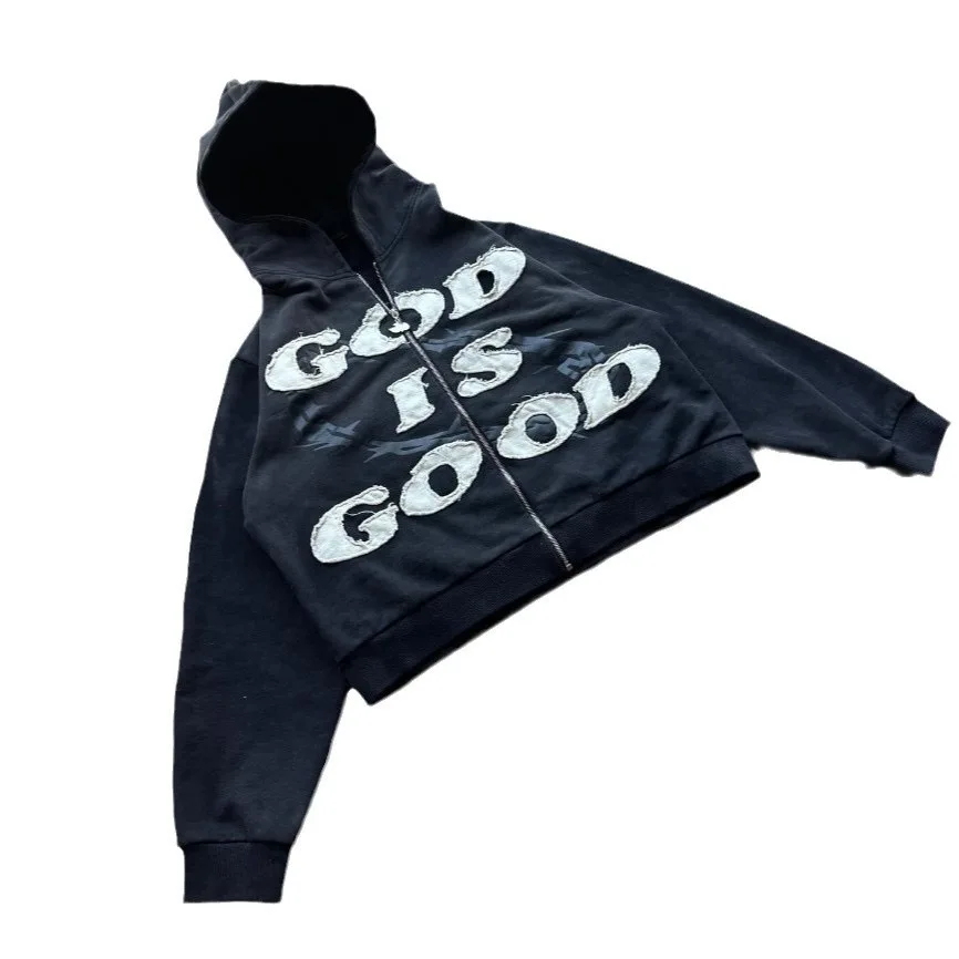 Bluza streetwear hip-hop z haftem God Is Good, szydełkowana, zapinana na zamek, luźny krój, dla par, casualowa bluza z kapturem.