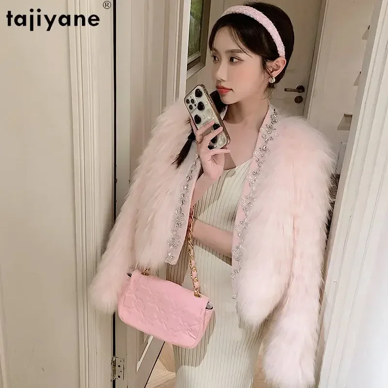 Tajiyane Winter Waschbären Pelz Mäntel für Frauen Mode Rosa Pelzmantel Frauen Kleidung Kurze Echtpelz Jacke Flare Hülse Veste femme