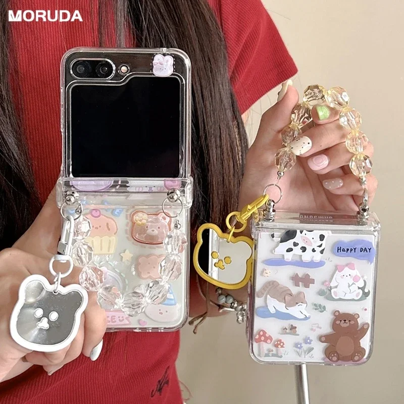 Funda con pulsera de oso bonito para Samsung Galaxy Z Flip 6 5 4 3 flip6 ZFlip Flip5 cadena de muñeca de gato acrílico Ins cubierta coreana a prueba de golpes
