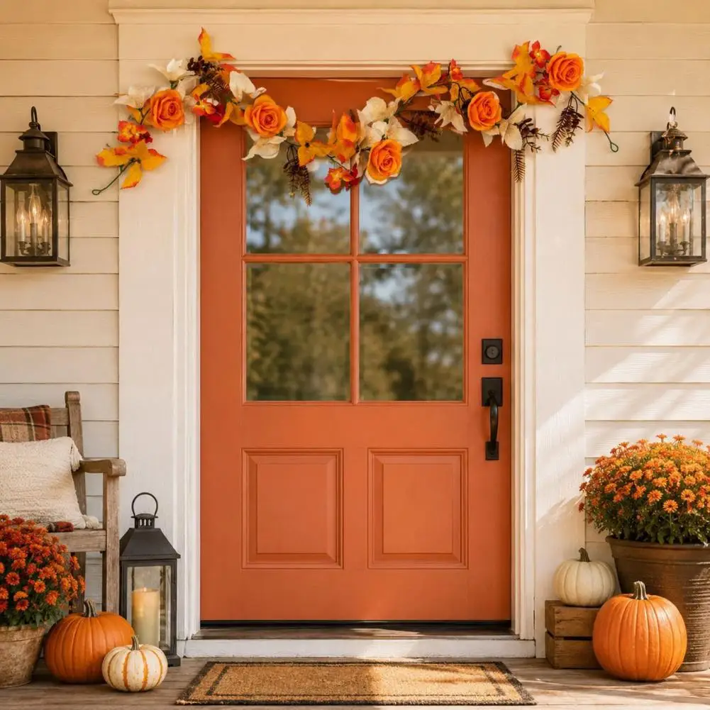 Silk Flower Rattan 180cm Artificial Vine Garland with Pumpkins Berries Maple Leaves Hanging Door Wreath for Autumn Harvest