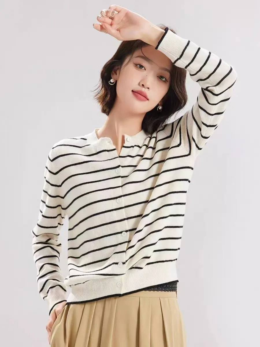 100% wool striped knitted cardigan for women's spring and autumn wear, reducing age, contrasting color, round neck, soft sweater