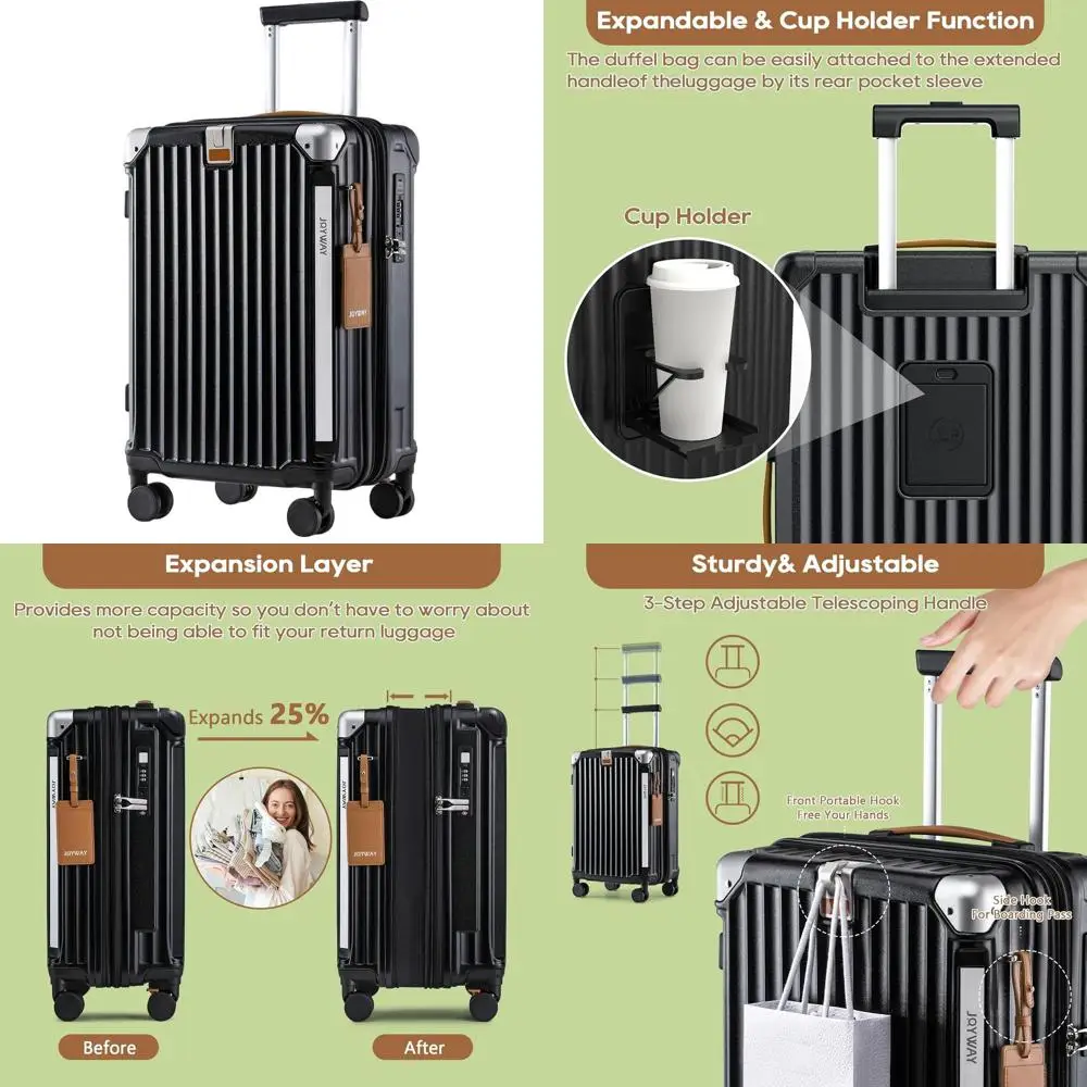 

Expandable Hardside Spinner Suitcase with Smart Cup Holder & USB Port, 20 TSA Lock, Black