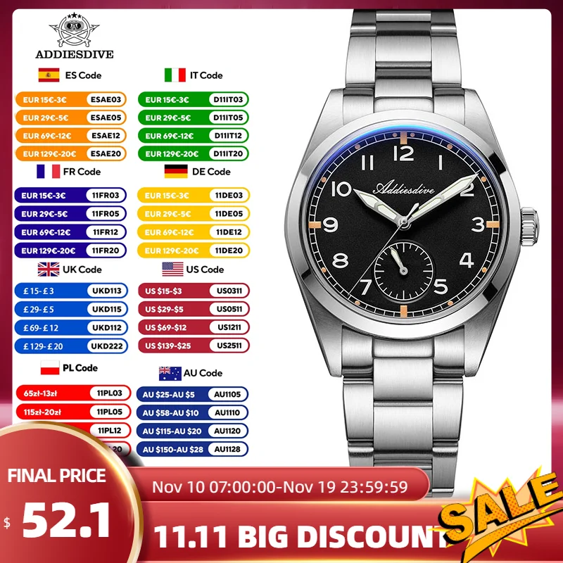 ADDIESDIVE 2025 36MM Men's Watch Bubble Mirror K1 Mineral Glass Reloj Hombre VH60 Movement 10ATM Waterproof Luminous Men Watches