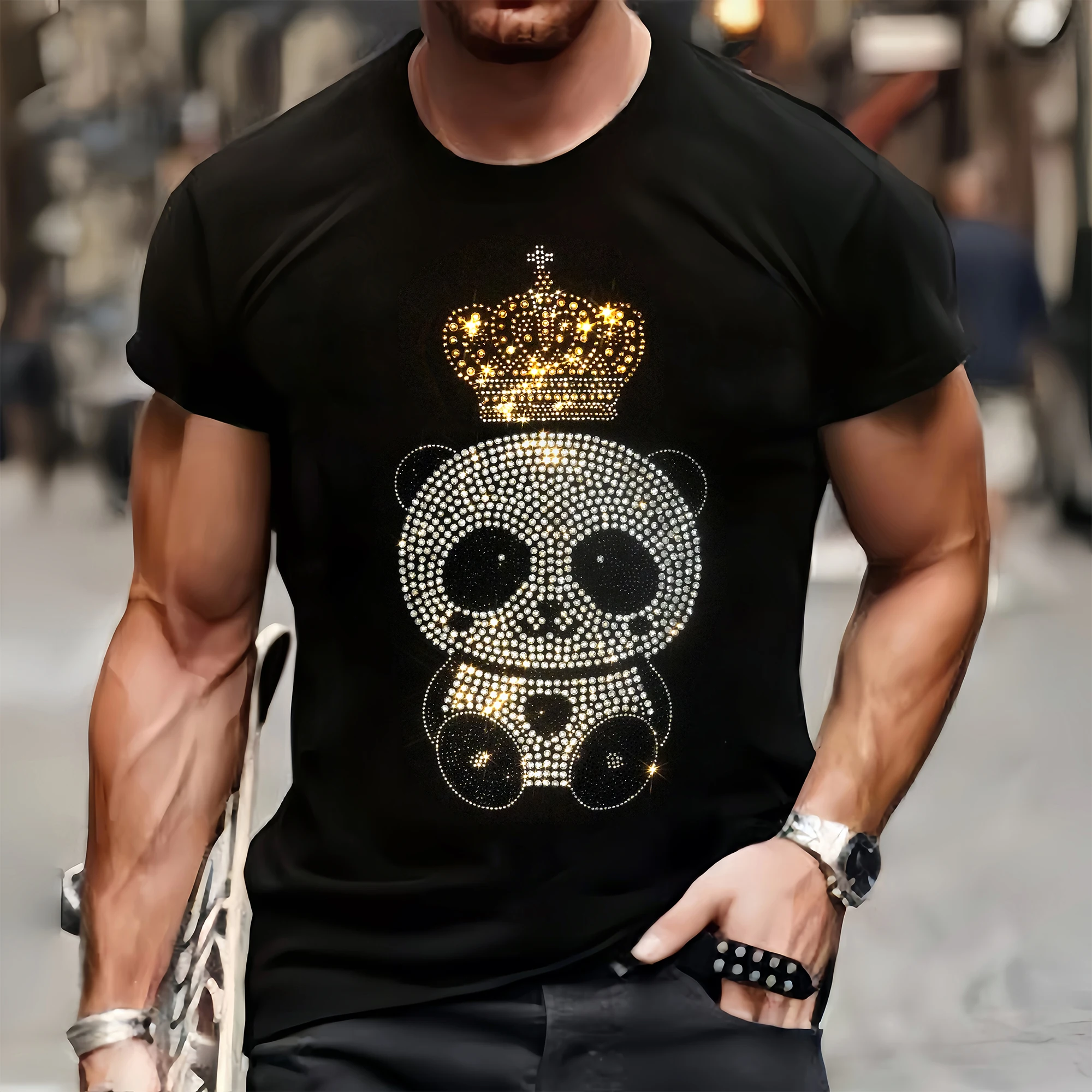 Social Mens Quality T-Shirts Casual Short Sleeve Clothing Tee Tops O-Neck Panda Rhinestone Streetwear Tshirt Y2k Oversized S-3XL