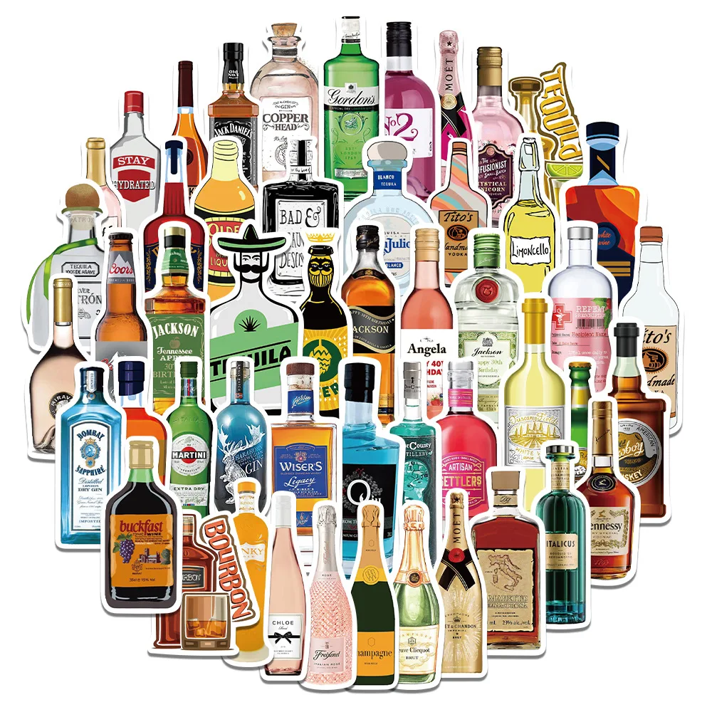 

50Pcs Champagne Bottle Waterproof Graffiti Sticker Aesthetic Decorative Luggage Phone Laptop Diary Scrapbook Kids Stickers