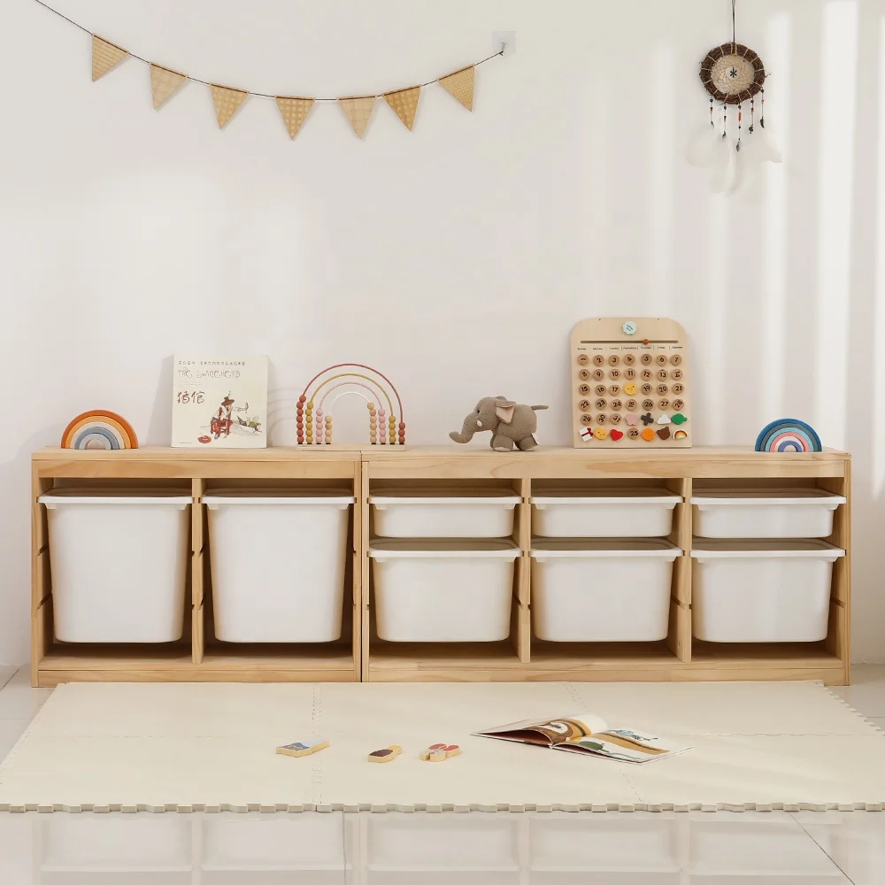 Stocked Storage Cabinet Custom Kids Furniture Toys Storage Children Cupboard Pine Wood Modern School Clothes Preschool Furniture