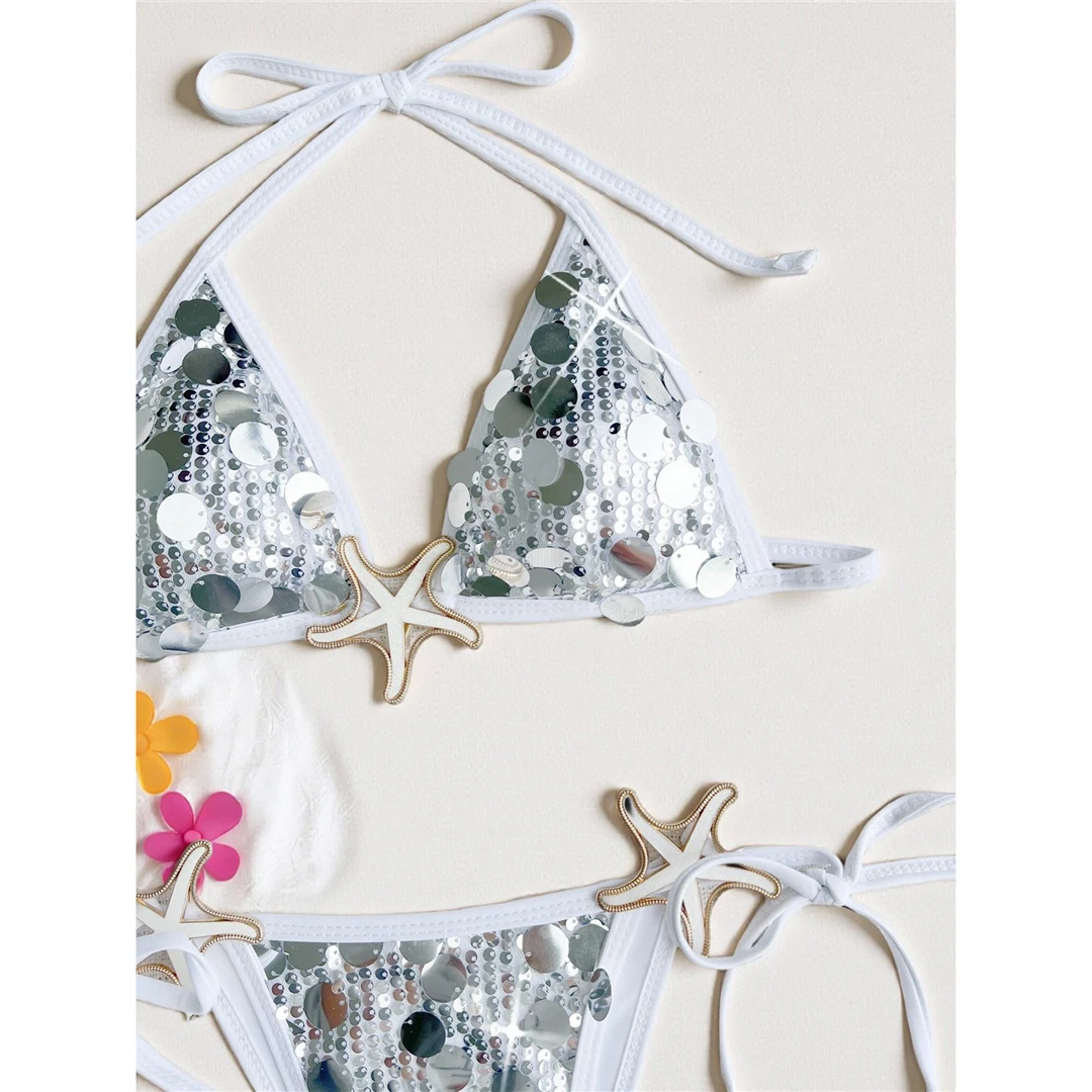 S - XL Pailletten-Bikini mit Neckholder, Damen-Badeanzug, zweiteiliges Bikini-Set, Badeanzug mit hohem Beinausschnitt, Badebekleidung, Schwimmbekleidung V7868 – Detail 6