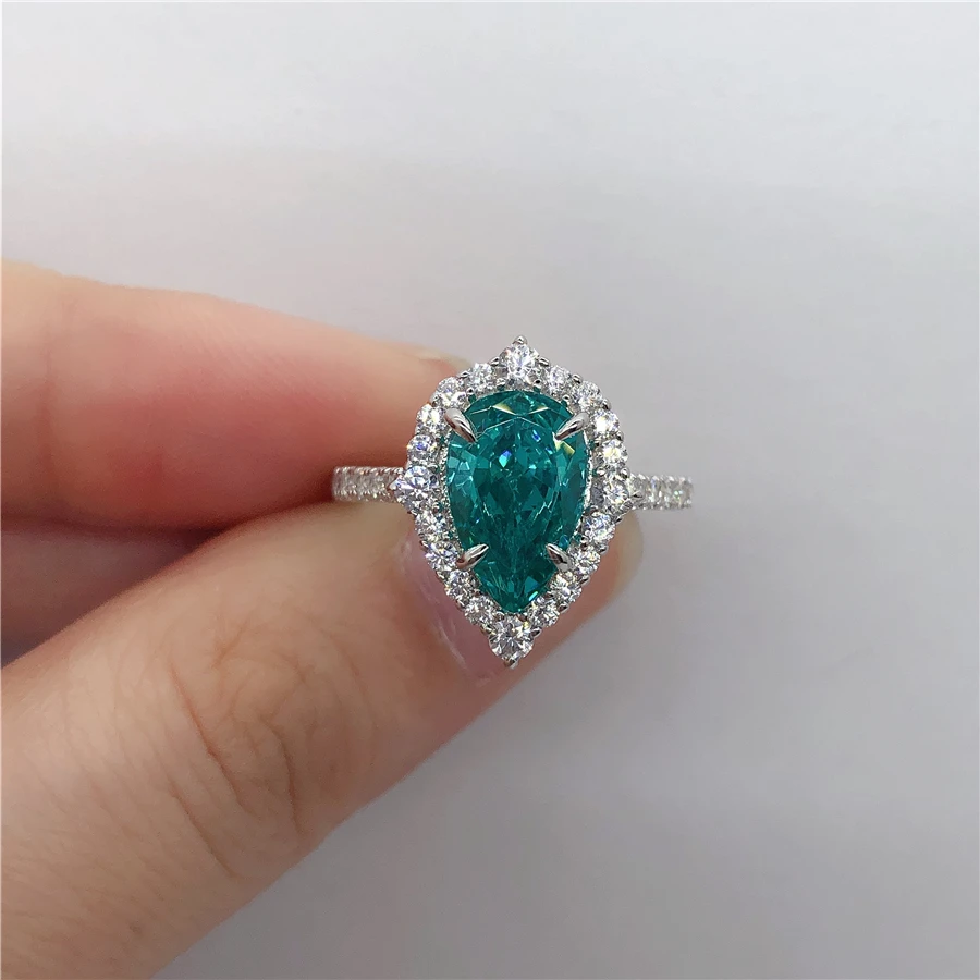 Popular Women White Gold Au585 Ring Pear Shape 3Carat Green Diamond Engagement Ring Statement Gold Jewelry Gift For Girl Friend