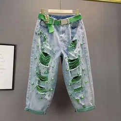 Color Beading Denim Harem Pants Women Summer Green Pearl High Waist Loose Oversized Jeans Fashion Trend All-matched Hole Jeans