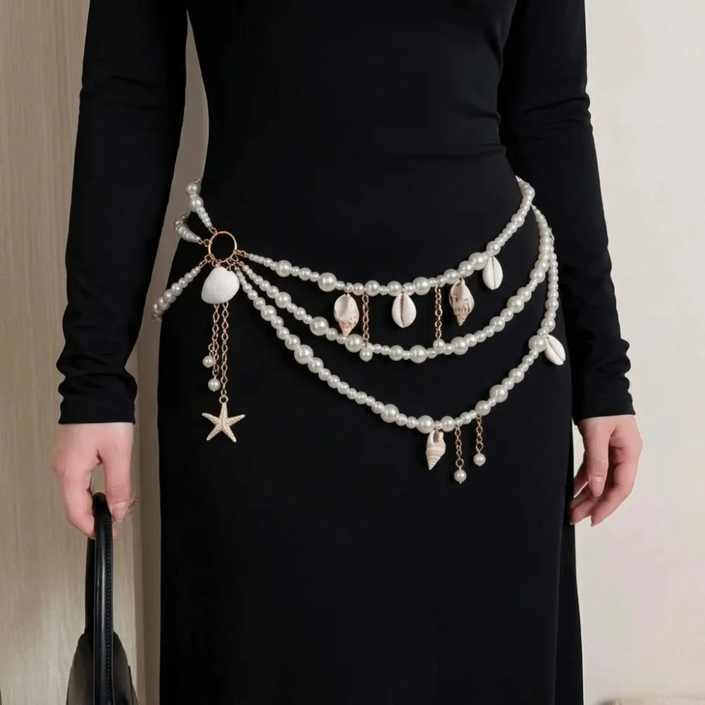 Multilayer Pearl Waist Chain Starfish Shell Pendant Stylish Body Chain Belt All-match Vintage Waist Accessories Photography