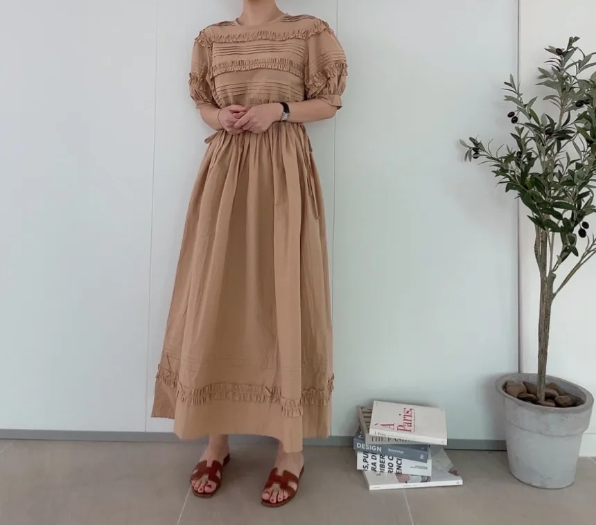 

Korean Vintage Casual Loose Women Summer O Neck Puff Sleeve Belt Drawstring Runway Elegant Holiday Long Dress