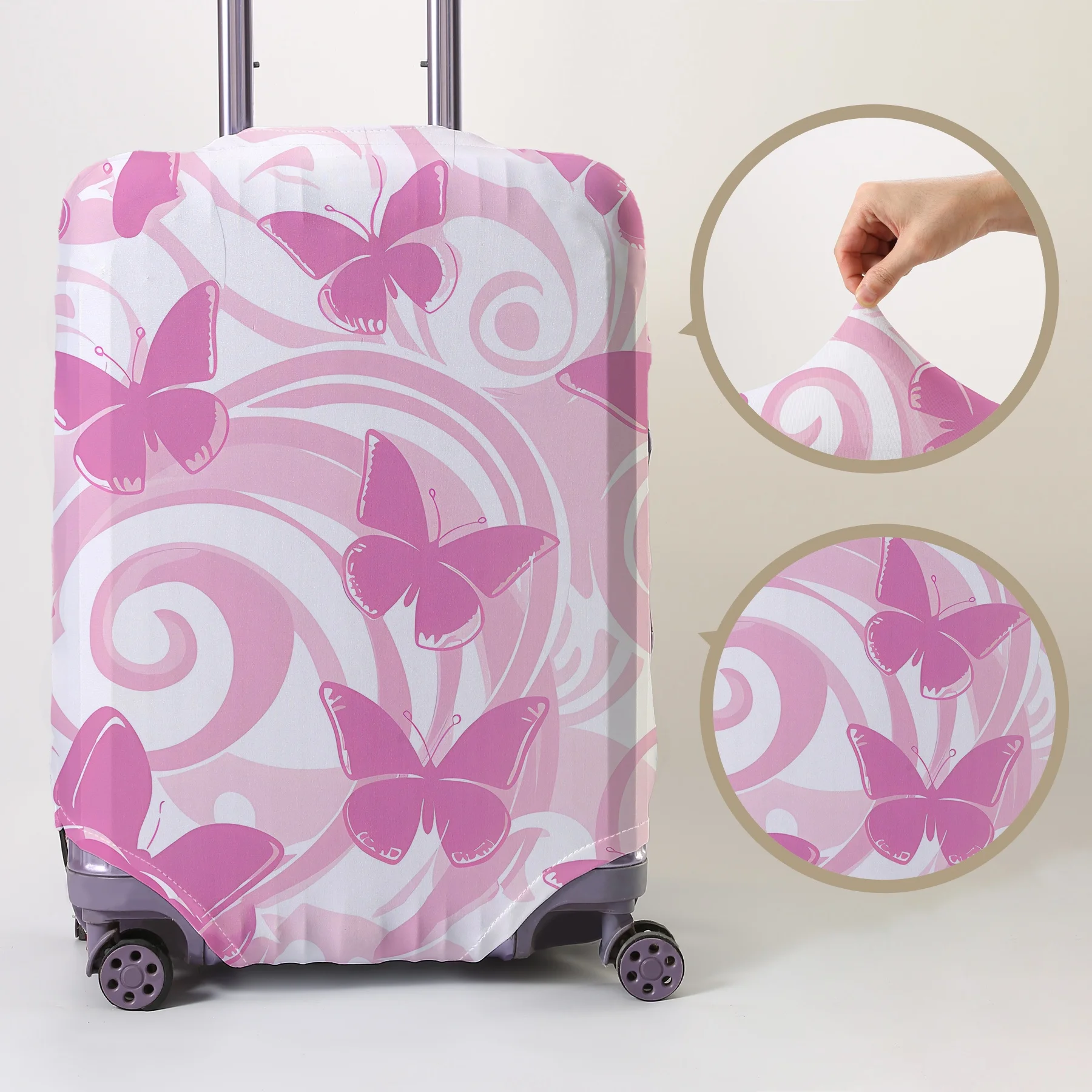 Pink butterfly and vortex pattern full printed luggage protection cover, suitable for 18-32 inch luggage covers, luggage handle