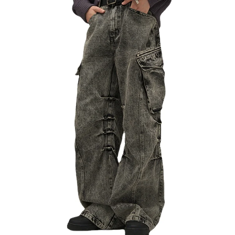 Wasteland Style Women Techwear Avant-Garde Large Pocket Distressed Jeans American Retro Overalls Men's Design Mop Trousers