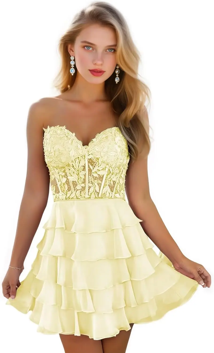 

A Line Strapless Tiered Lace Homecoming Dresses for Teens 2025 Sweetheart Chiffon Corset Prom Dress Short Cocktail Party Gown