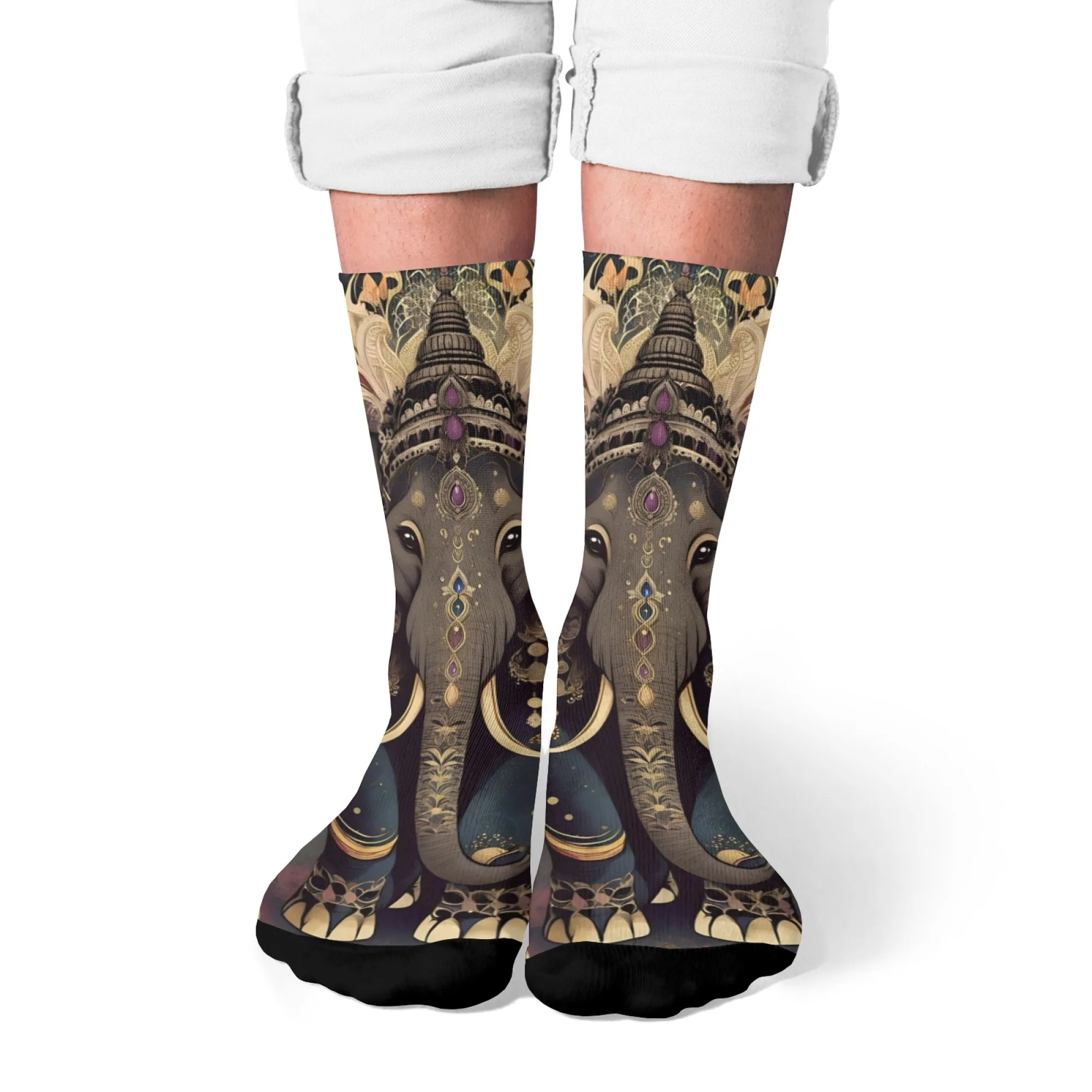 

Ornate Elephant Pattern Crew Socks Ethnic Art Style with Gem-inlaid Print Decorations for Unisex Use Ideal Artistic Gifting