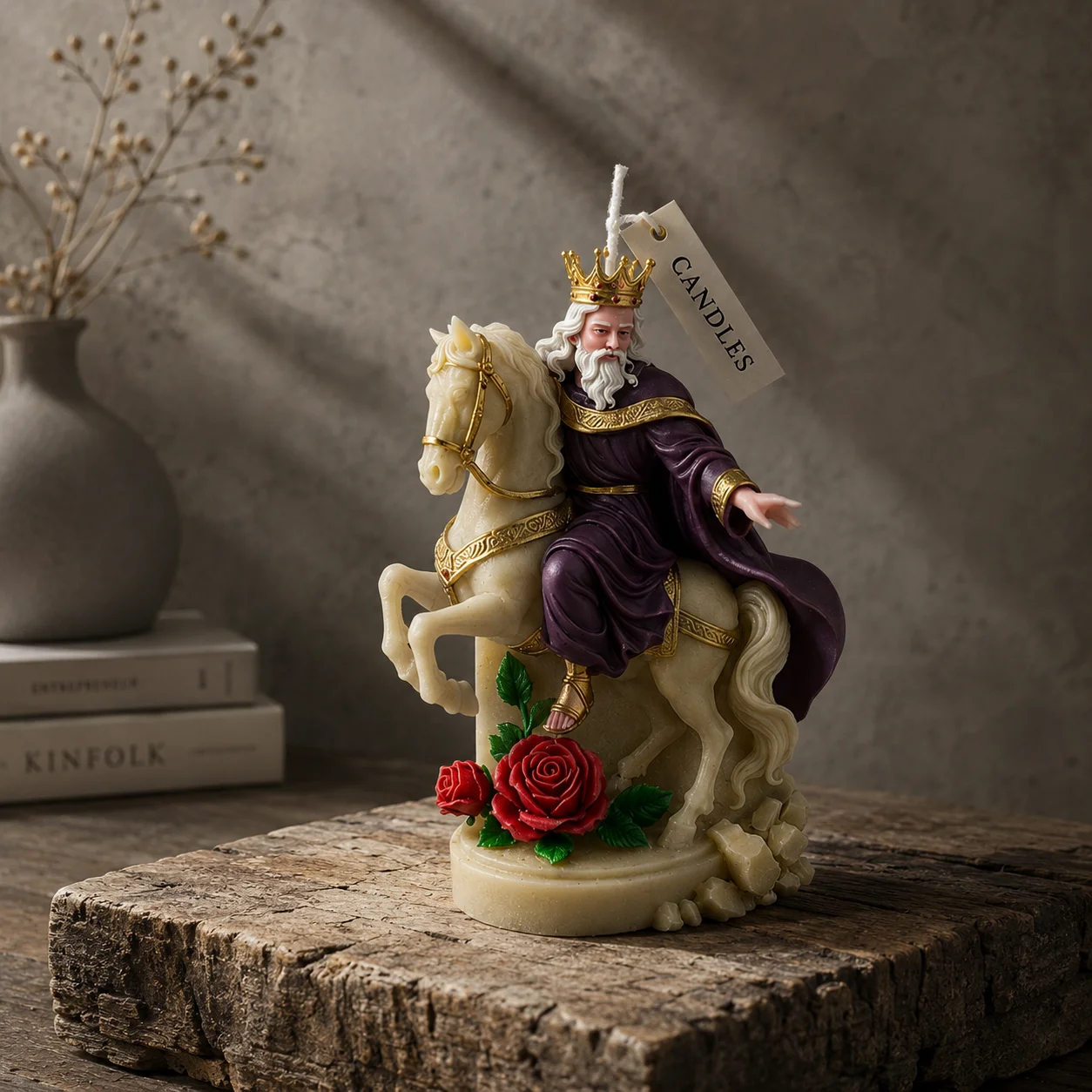 Exquisito molde de vela de arte ecuestre King: vela perfumada claramente texturizada que muestra la estética artística vintage.