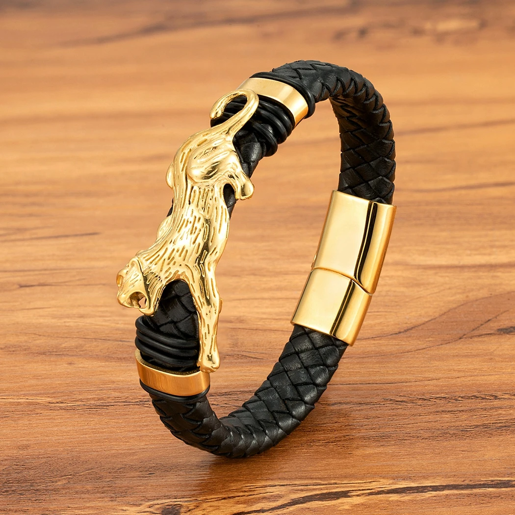 XQNI Leopard/Dragon Design Leather Braided Stainless Steel Bracelets Magnetic Buckle Rope Weaving Bracelet For Men Jewelry Gifts