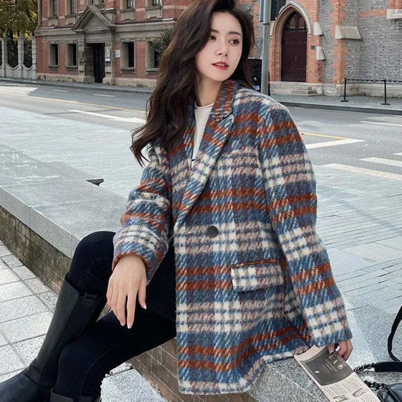 Outerwears Wool & Blend Trench Coat Coats for Women Clothes Check Jacket Dress Blazer Woman Tweed Overcoat Over Plaid Long Sale