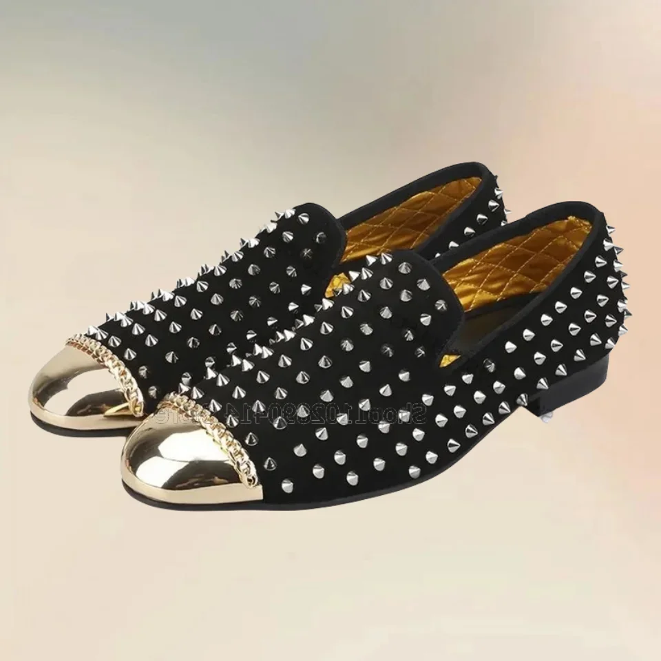 

Silver Rivets Decor Gold Chain Pointed Toe Loafers Fashion Slip On Men Shoes Luxury Handmade Party Feast Banquet Men Dress Shoes