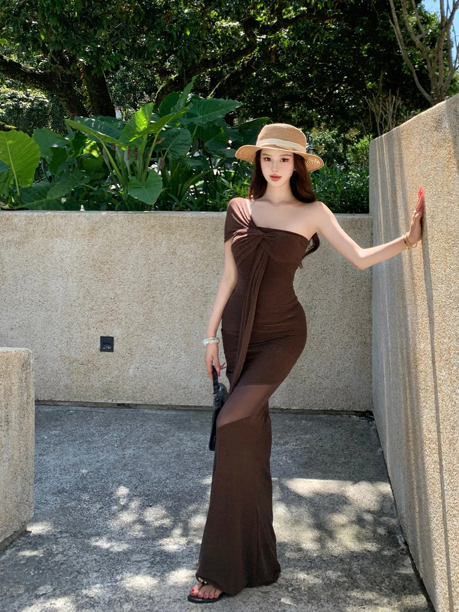 ReddaChic Vestido feminino com espartilho torcido e glitter, elástico, ombro de fora, rabo de peixe, maxi, malha longa, bodycon, festa, verão, noite, roupa de balada