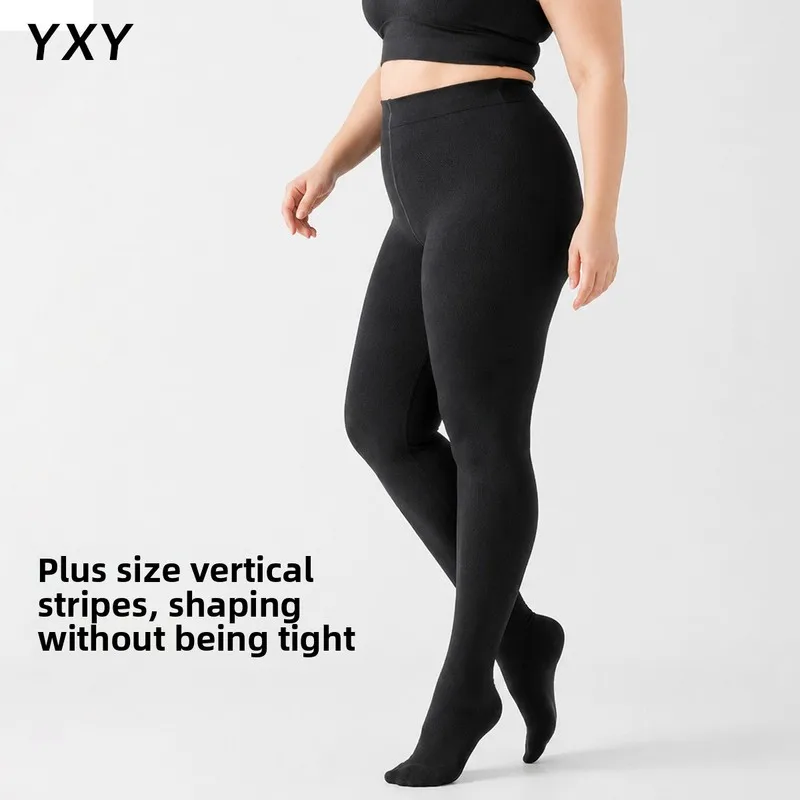 Women Plus Size Vertical Striped Thermal Tights Fleece Lined Cotton Pantyhose Autumn Winter Outer Wear Warm Footed Leggings 75Kg
