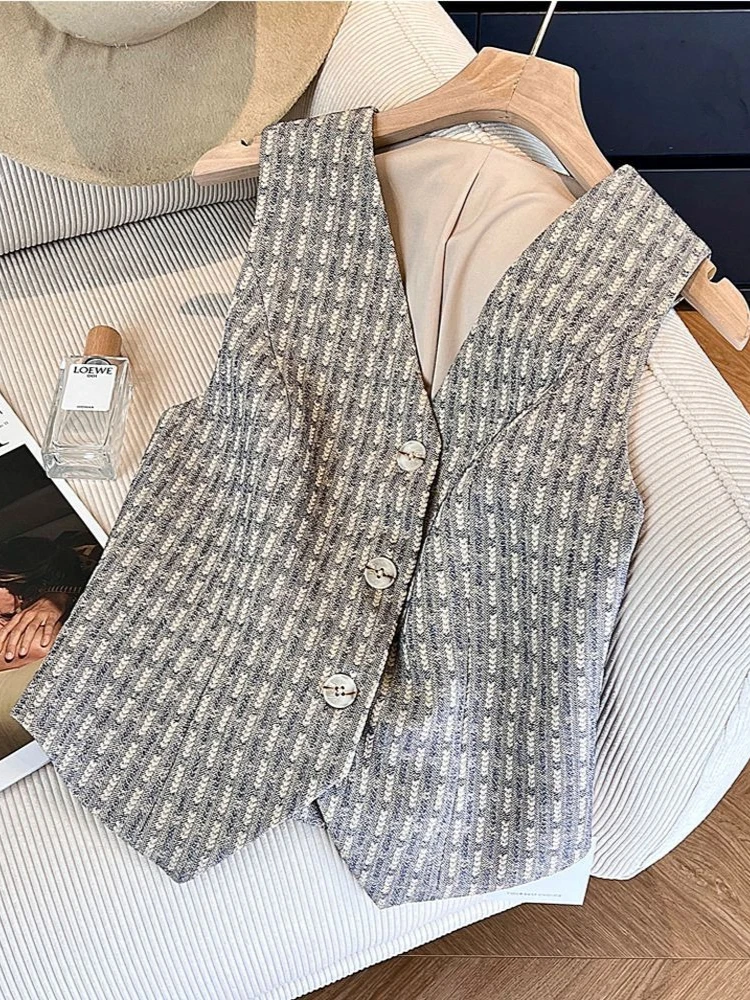 

Vintage Heavy V Neck Plaid Striped Single Breasted Vest Women Casual Loose Sleeveless Top Spring Autumn Versatile Outerwear