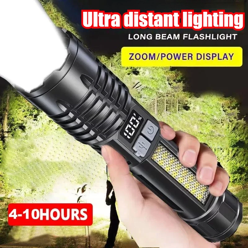 

High Power LED Flashlight Portable Zoom Torch Type-C Rechargeable Waterproof Light with COB Side Lamp for Outdoor Camping Hiking
