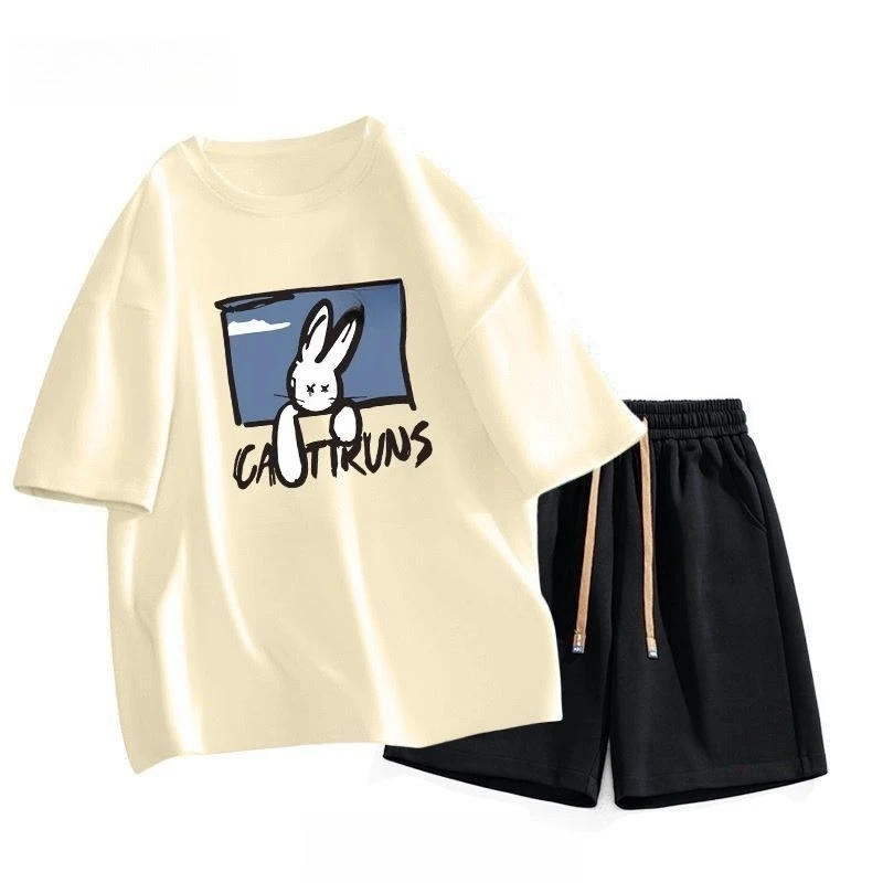 

100_ Cotton Short-sleeved T-shirt Set Men's Summer Trend Five-point Shorts Loose Men's Clothing Set with Two-piece Set