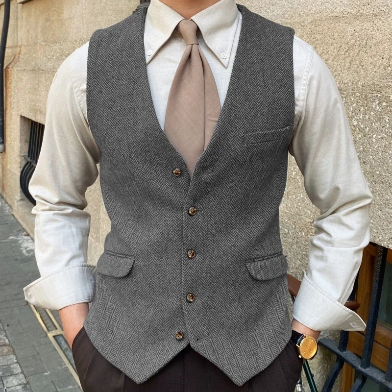 Herringbone Men Vest Waistcoat For Wedding Blue Solid Color Single Button Business Banquet Work Formal Men Suit Vest