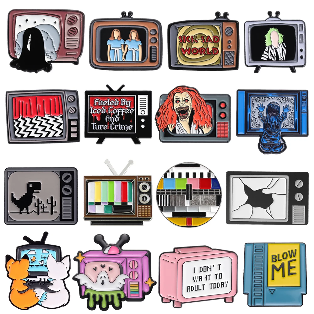 

Horror Halloween TV Enamel Brooch Creative Ghost Dinosaur Blood TV Metal Badge Punk Color TV Lapel Pins Jewelry Gifts For Friend