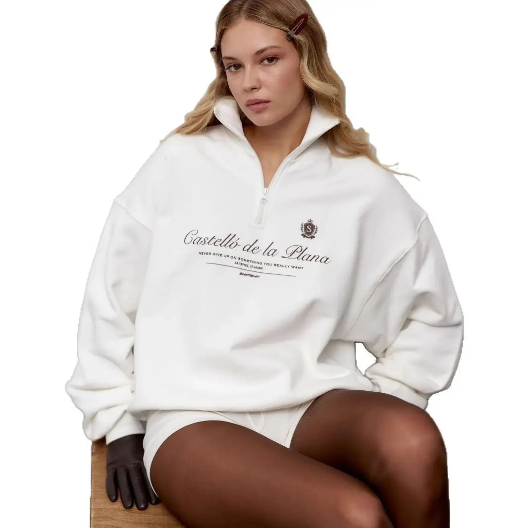 Sweat-shirt rétro style Preppy américain avec lettres imprimées, demi-fermeture éclair, col rabattu, chemises à revers, vin blanc, rouge, loisirs pour jeunes femmes