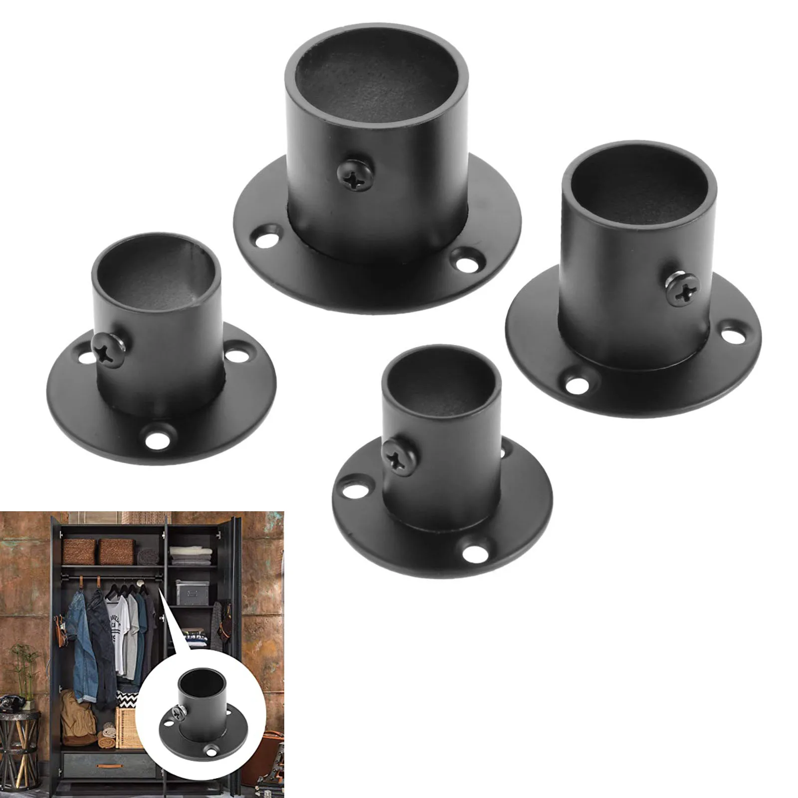 2pcs/set Flange Rod Holder Black Wardrobe Hanging Rail Rod Pole Socket End Support Bracket Stainless Steel 19mm/22mm w/screw