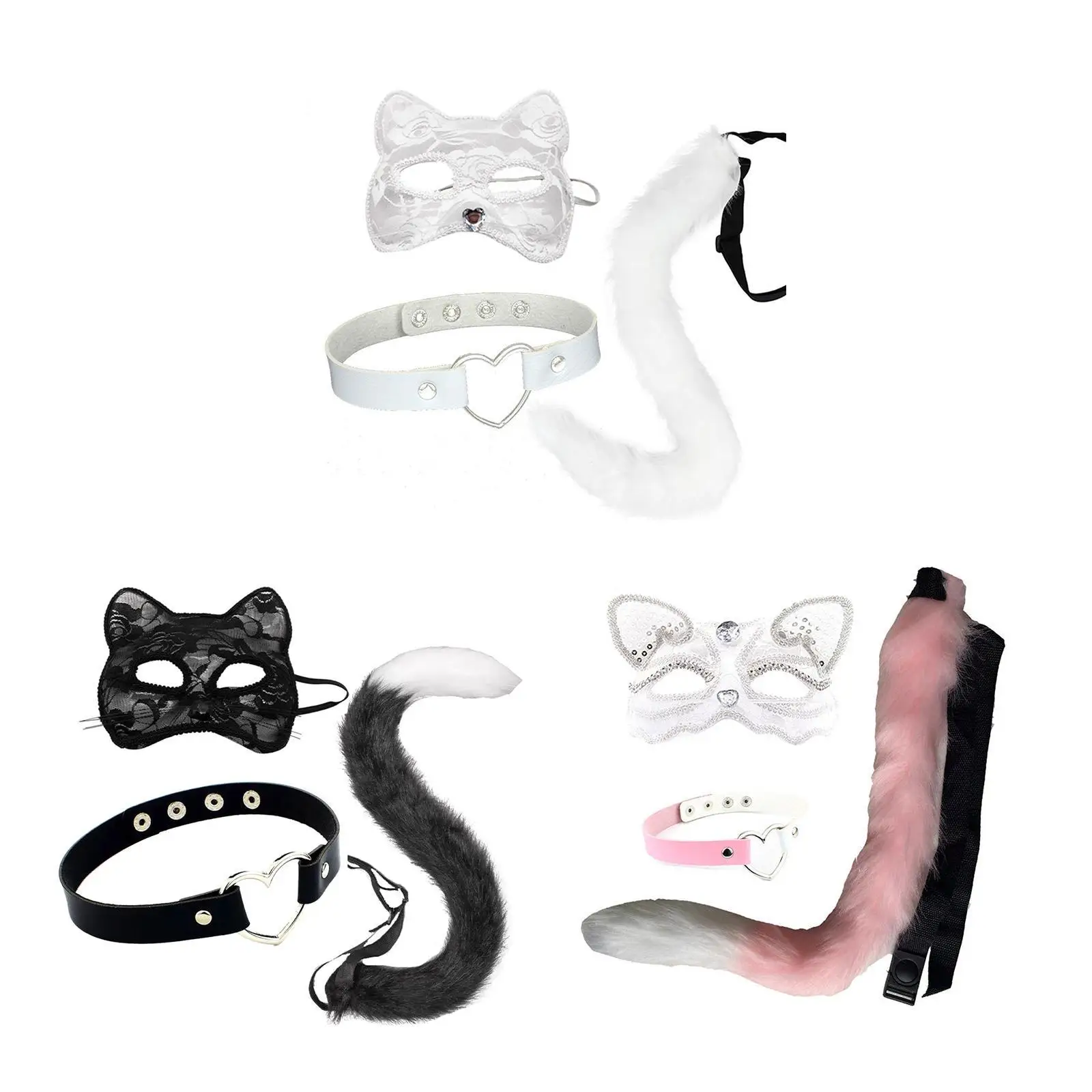 Kattenoren en staart Set Leuke Halloween-gezichtsbedekking Comfortabel verkleedbaar voor feesten Prom Ballen Feest Show Carnavals