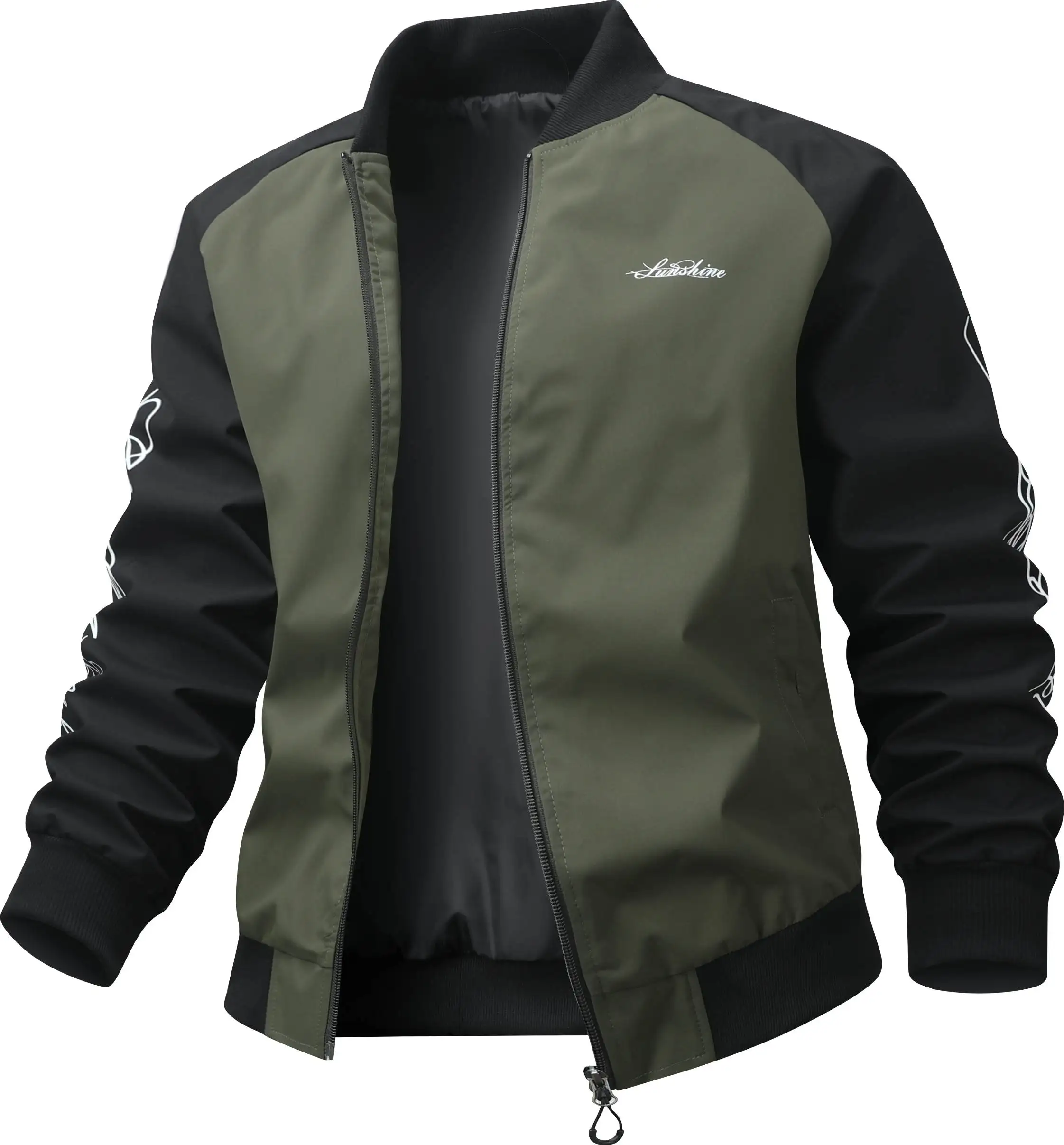 Men Autumn Winter Color Block Stand Collar Jacket, Raglan Sleeves With Unique Arm Print, Rib Collar & Hem, Lightweight Windproof, Small Letter Logo, Multi-color Casual Zip Coat