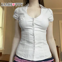 IAMHOTTY Chic Elegant Button-up Shirt White Casual Basic Slim-fitting V-neck Tops French Style Turn-down Collar T-shirts Summer