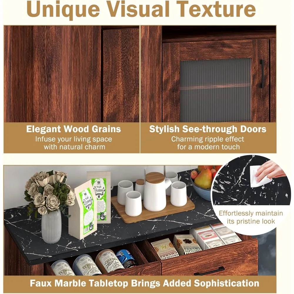 Sideboard Buffet Cabinet with 2 Drawers, Open Compartment, 2 Doors, Adjustable Shelves, Faux Marble Finish