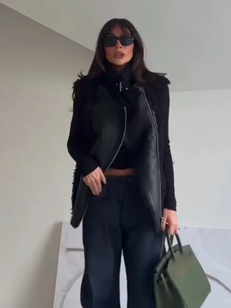 

HH Women Chic Lapel Zipper Splicing Decoration Sleeveless Casual Slim Vest Coat Female Fashion Loose Warm Short Vest Street Top