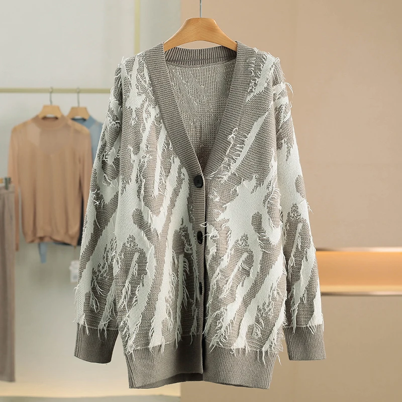

Lax Fit Color Block V-Neck Woolen Sweater Coat with Rabbit Fur Loose Women's Autumn Winter Fashion New Style Comfortable Card...