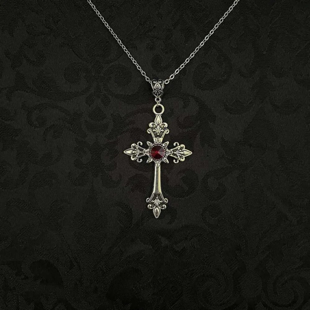 Gothic Victoria Red Crystal Cross Pendant Necklace for Men Women Personality Punk Hallowmas Party Vampire Jewelry Accessories