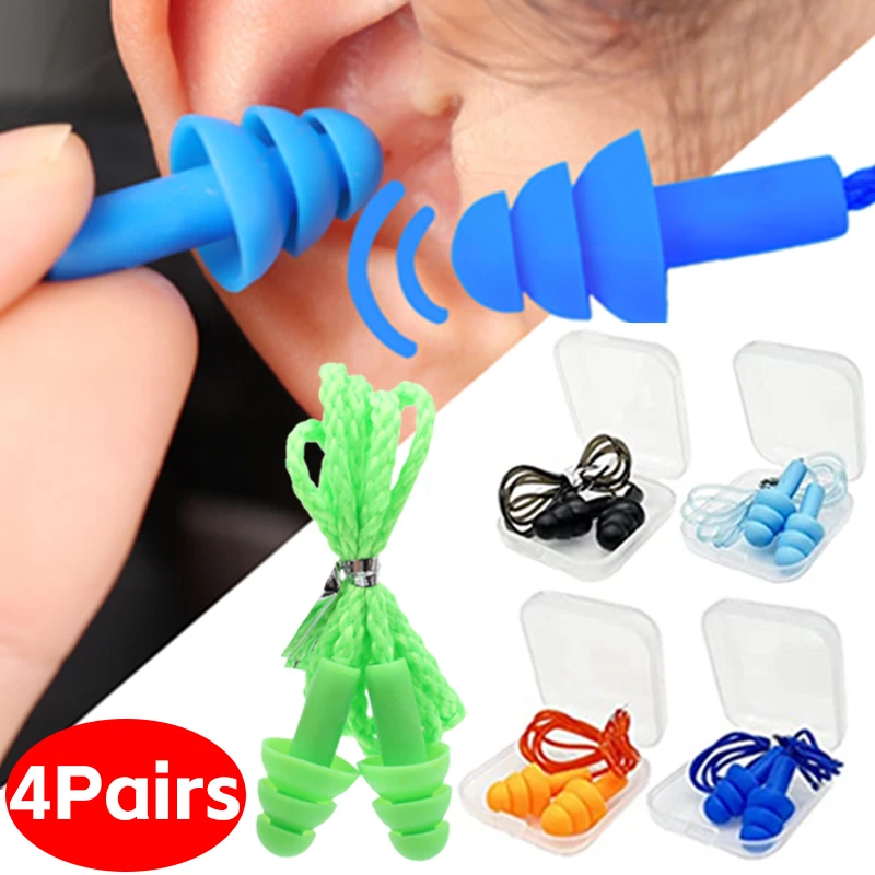 4-1Pairs Noise Reduction Silicone Earplugs Ear Tip for Adult Children Swimmers Diving Ear Plugs with Rope Soft Silicone Earplugs