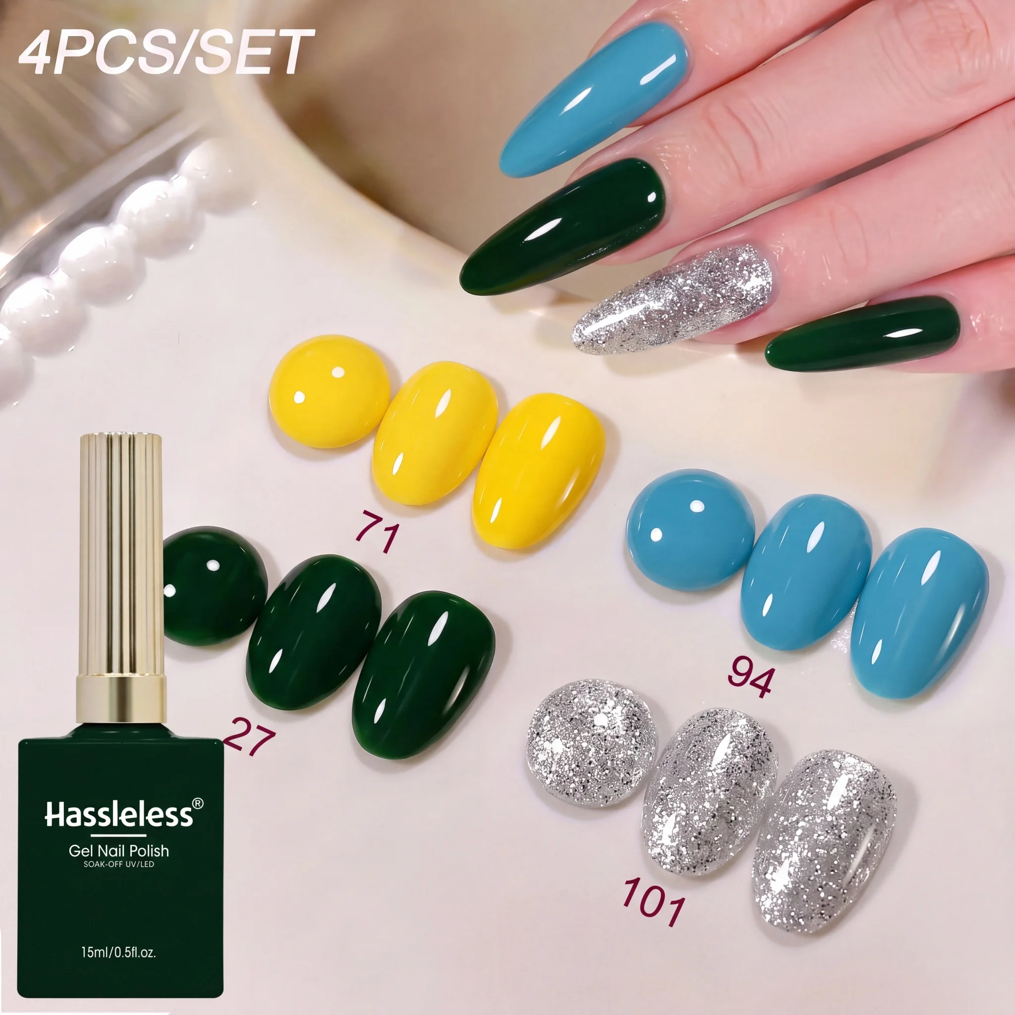 Hassless 4Pcs Macaron Nail Polish Gel Set 15ml Uv Removable Nail Polish Gel Dark Green Yellow Blue Silver Glitter Spring Summer Color-Changing Nail Gel