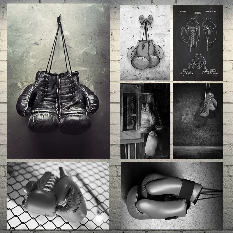 Vintage Boxing Gloves Photo Poster Wall Art  Black  White Sport Print for Living Room Decor Home Wall Decoration